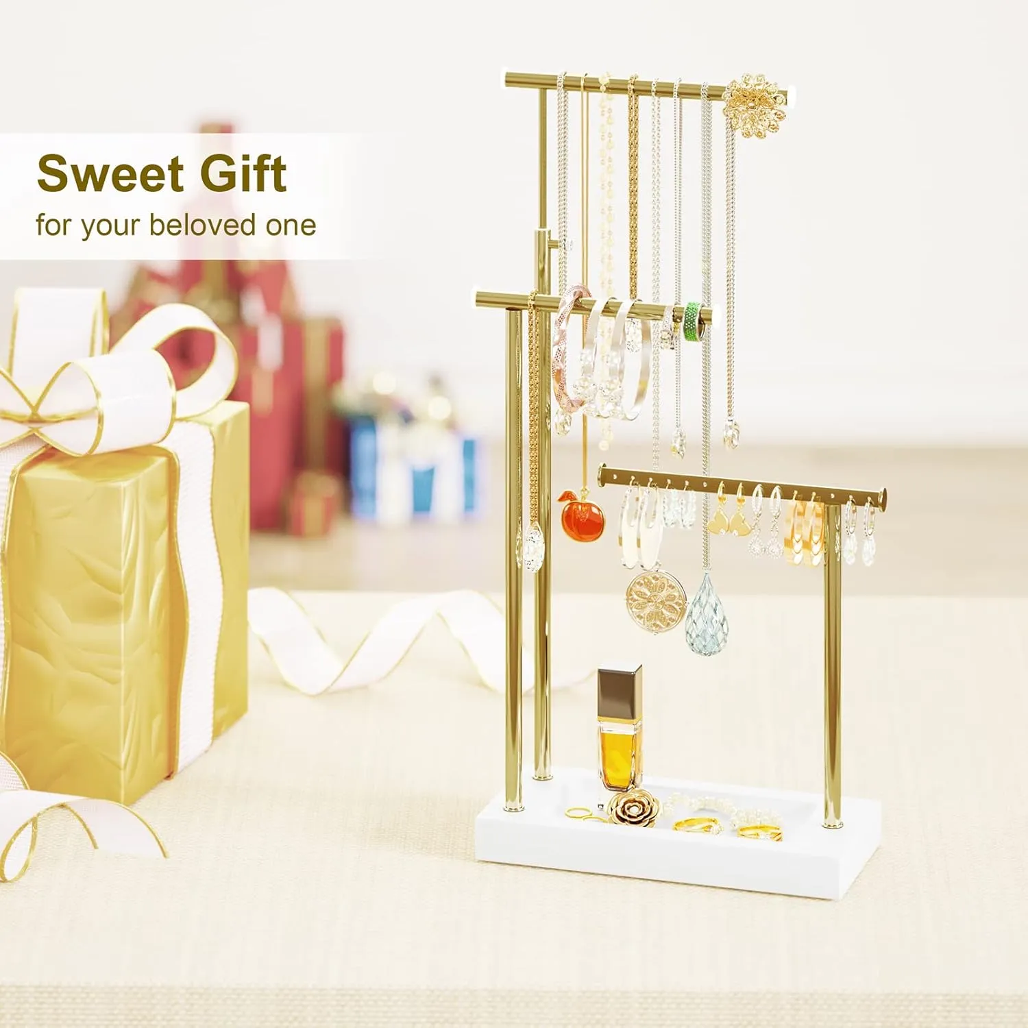 SRIWATANA Jewelry Organizer Display Extra Tall Necklace Holder 3 Tier Jewelry Tree Stand, Gift Idea (White & Gold)