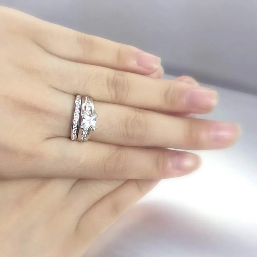 Stainless Steel Princess Cut Wedding Engagement Anniversary Statement Bridal Halo Ring Set