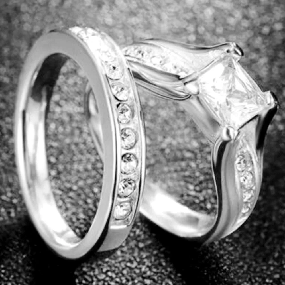 Stainless Steel Princess Cut Wedding Engagement Anniversary Statement Bridal Halo Ring Set