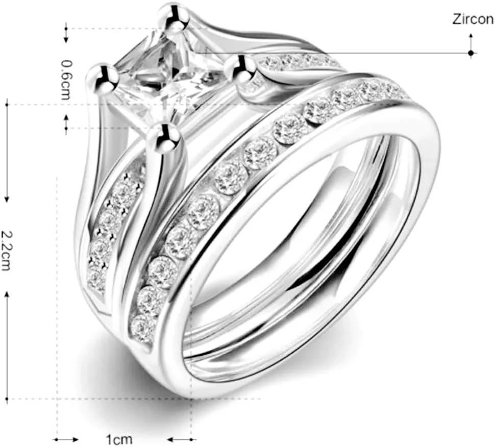 Stainless Steel Princess Cut Wedding Engagement Anniversary Statement Bridal Halo Ring Set