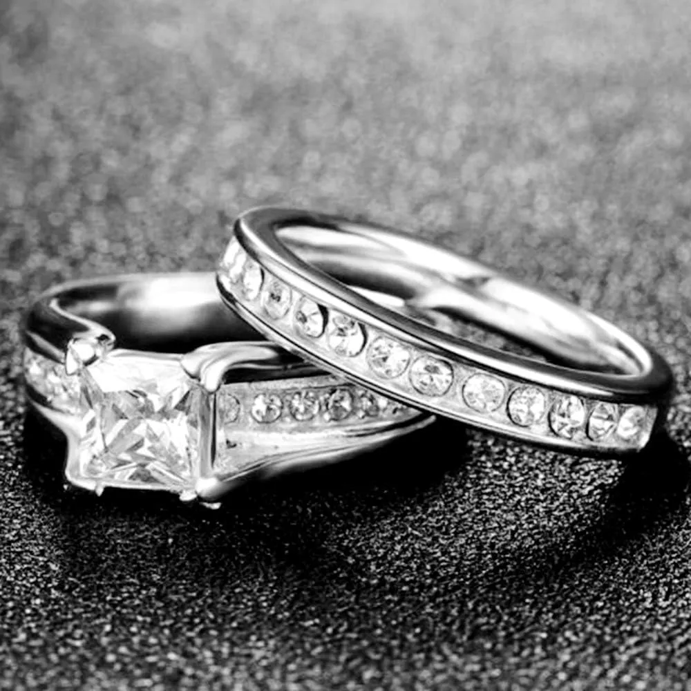 Stainless Steel Princess Cut Wedding Engagement Anniversary Statement Bridal Halo Ring Set