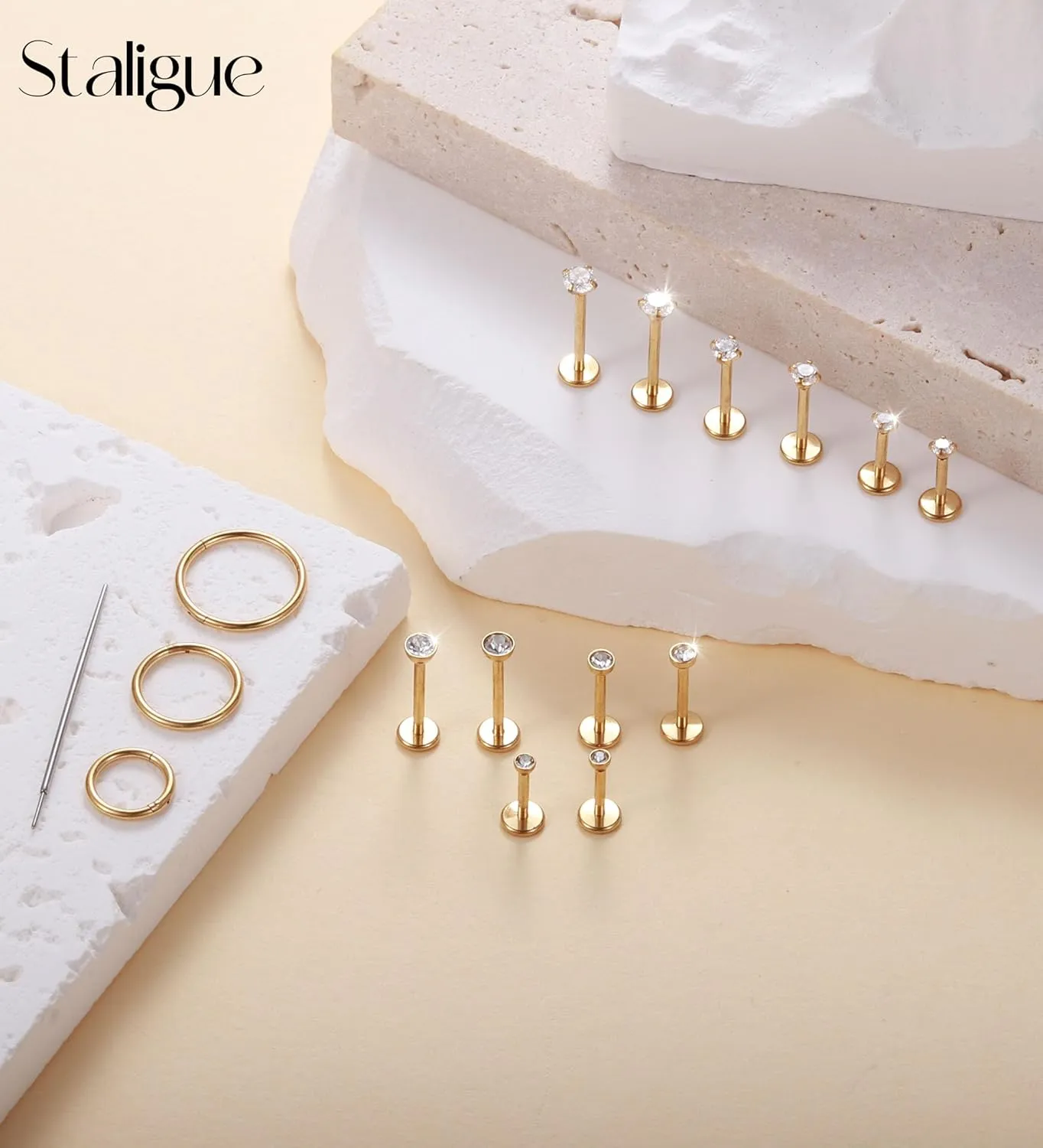 Staligue 18G/20G Threadless Nose Studs,316L Surgical Steel Push in Nose Rings Studs CZ Tragus Conch Helix piercing jewelry Flat Back Earrings Lip Labret Gold Nose Studs Monroe Medusa Piercing Jewelry