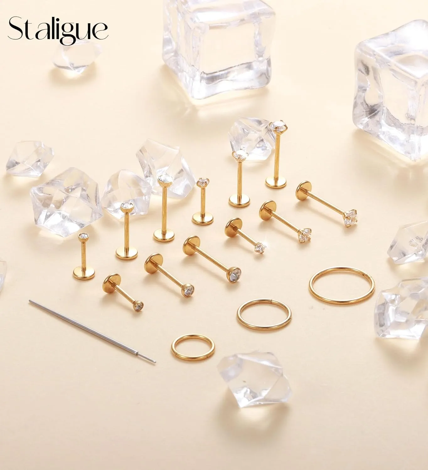 Staligue 18G/20G Threadless Nose Studs,316L Surgical Steel Push in Nose Rings Studs CZ Tragus Conch Helix piercing jewelry Flat Back Earrings Lip Labret Gold Nose Studs Monroe Medusa Piercing Jewelry