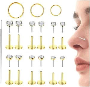 Staligue 18G/20G Threadless Nose Studs,316L Surgical Steel Push in Nose Rings Studs CZ Tragus Conch Helix piercing jewelry Flat Back Earrings Lip Labret Gold Nose Studs Monroe Medusa Piercing Jewelry