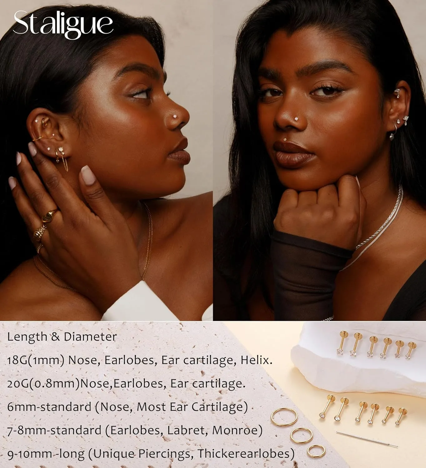 Staligue 18G/20G Threadless Nose Studs,316L Surgical Steel Push in Nose Rings Studs CZ Tragus Conch Helix piercing jewelry Flat Back Earrings Lip Labret Gold Nose Studs Monroe Medusa Piercing Jewelry