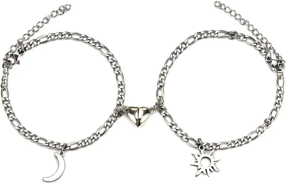 Star Moon Couple Bracelet Set 2Pcs Black Handmade Rope Bracelets for Women Men Lover Adjustable Matching Heart Chram Bracelets for Her Him BFF Friendship Promise Sun Moon Bracelet Set Valentines Birthday Jewelry Gift