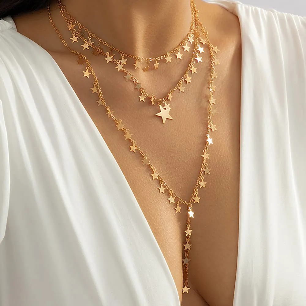Star Tassel Choker Neck Chain Sexy Layered Necklace Long Tassel Necklace for Women(Gold)