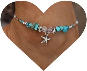 Starfish Anklet Bracelet Turquoise Bead Anklet Bracelet Chain Blue Stone Anklet Bracelet Crystal Bead Anklet Bracelet Summer Beach Foot Chain Jewelry for Women