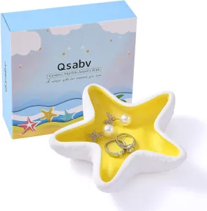 Starfish Ceramic Jewelry Tray, Shell Trinket Dish, Ocean-themed Ring Holder Dish Decorative Plate for Earrings Necklaces Bracelet Watch Key, Yellow Gifts for Women