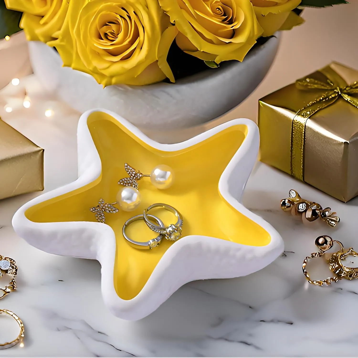 Starfish Ceramic Jewelry Tray, Shell Trinket Dish, Ocean-themed Ring Holder Dish Decorative Plate for Earrings Necklaces Bracelet Watch Key, Yellow Gifts for Women