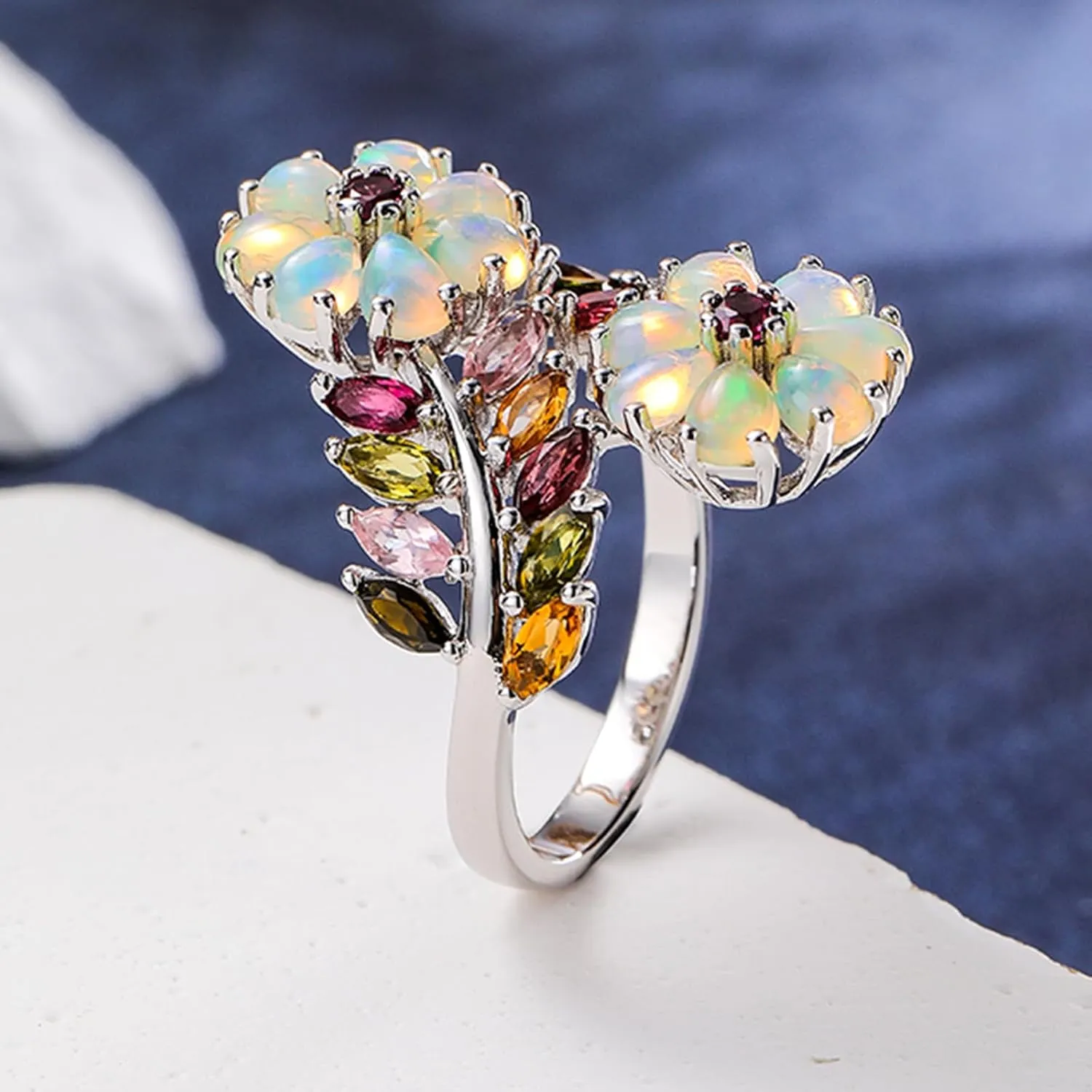 Statement Flower Ring, 14K Gold Plated, Size 6 to 10, Pink, Yellow, Green Leaf Stones, Opal, Sapphire, Ruby, Emerald, Sterling Silver, Cocktail, Engagement, Promise, Party Ring for Women
