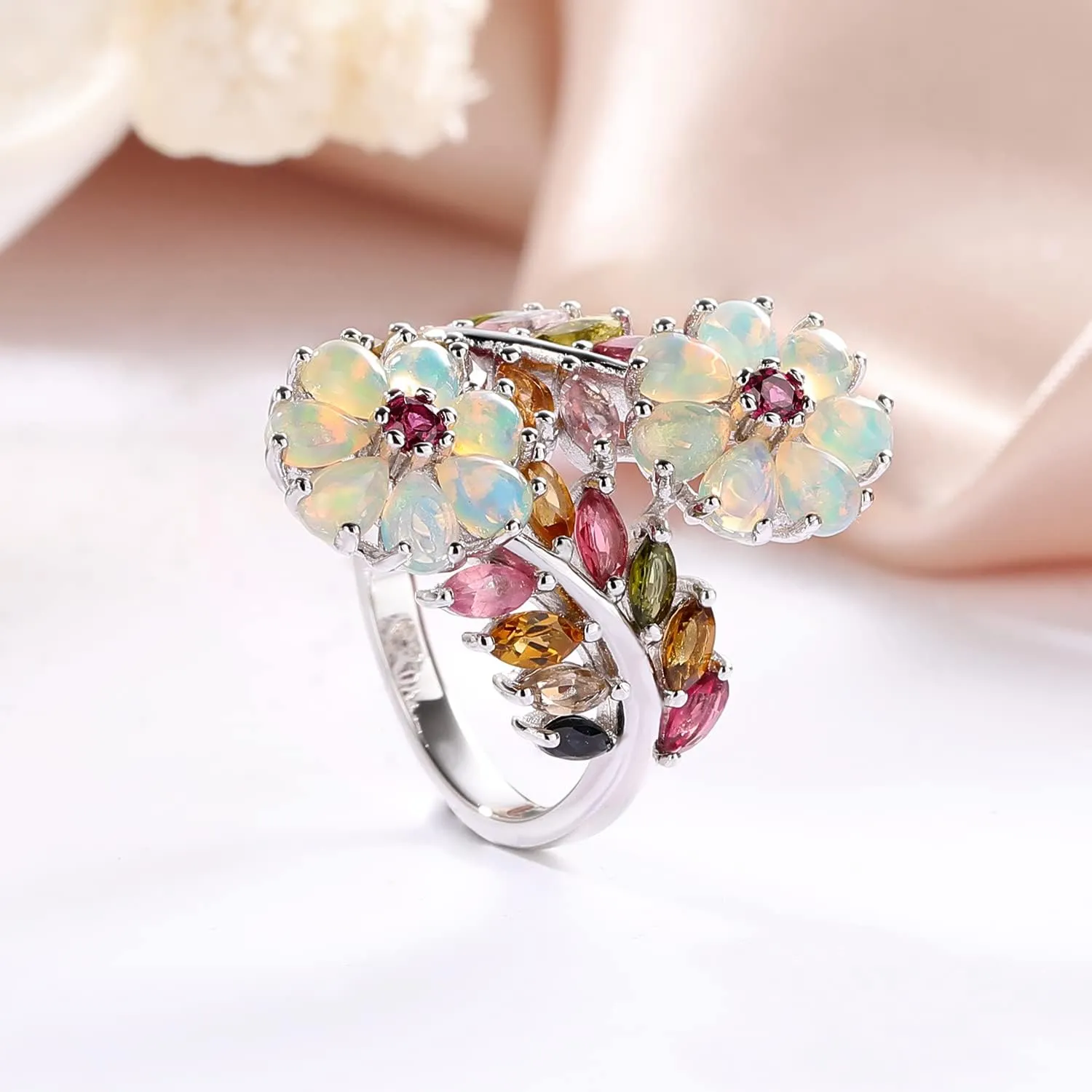 Statement Flower Ring, 14K Gold Plated, Size 6 to 10, Pink, Yellow, Green Leaf Stones, Opal, Sapphire, Ruby, Emerald, Sterling Silver, Cocktail, Engagement, Promise, Party Ring for Women