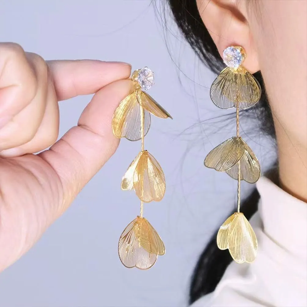 Statement Gold Leaf Earrings for Women Trendy, Dainty Ginkgo Leaf Long Tassel Dangle Earrings Bohemian Leaves Zircon Stud Boho Fairy Ear Jewelry Gifts