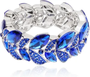 Statement Stretch Wide Bangle Bracelets Austrian Crystal Art Deco Leaf Shape Elastic Bracelet for Party Prom Accessories #003