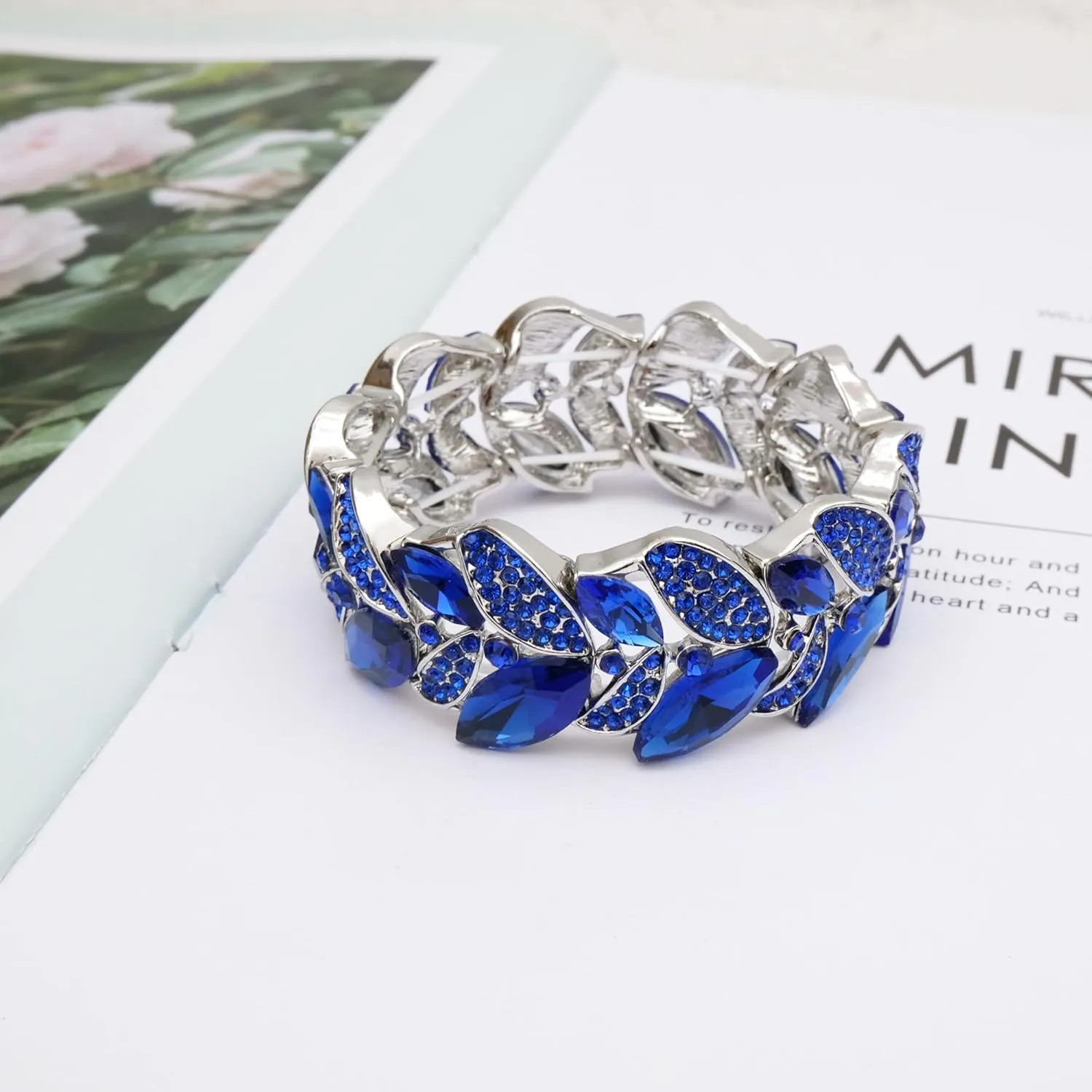 Statement Stretch Wide Bangle Bracelets Austrian Crystal Art Deco Leaf Shape Elastic Bracelet for Party Prom Accessories #003