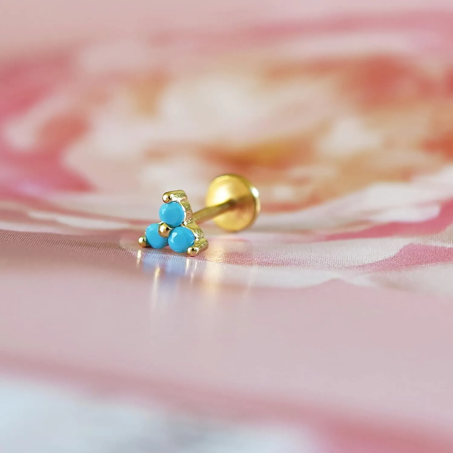 Sterling Silver 18 Gauge Threadless Push Pin Flat Back Labret Trinity Turquoise Stud Earring Nickel Free Lead Free Handcrafted In USA (6mm One Stud Real 18K Gold Plated)