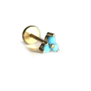 Sterling Silver 18 Gauge Threadless Push Pin Flat Back Labret Trinity Turquoise Stud Earring Nickel Free Lead Free Handcrafted In USA (6mm One Stud Real 18K Gold Plated)
