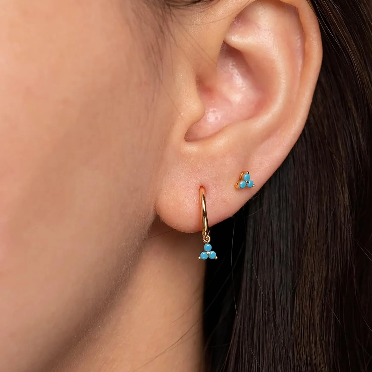 Sterling Silver 18 Gauge Threadless Push Pin Flat Back Labret Trinity Turquoise Stud Earring Nickel Free Lead Free Handcrafted In USA (6mm One Stud Real 18K Gold Plated)