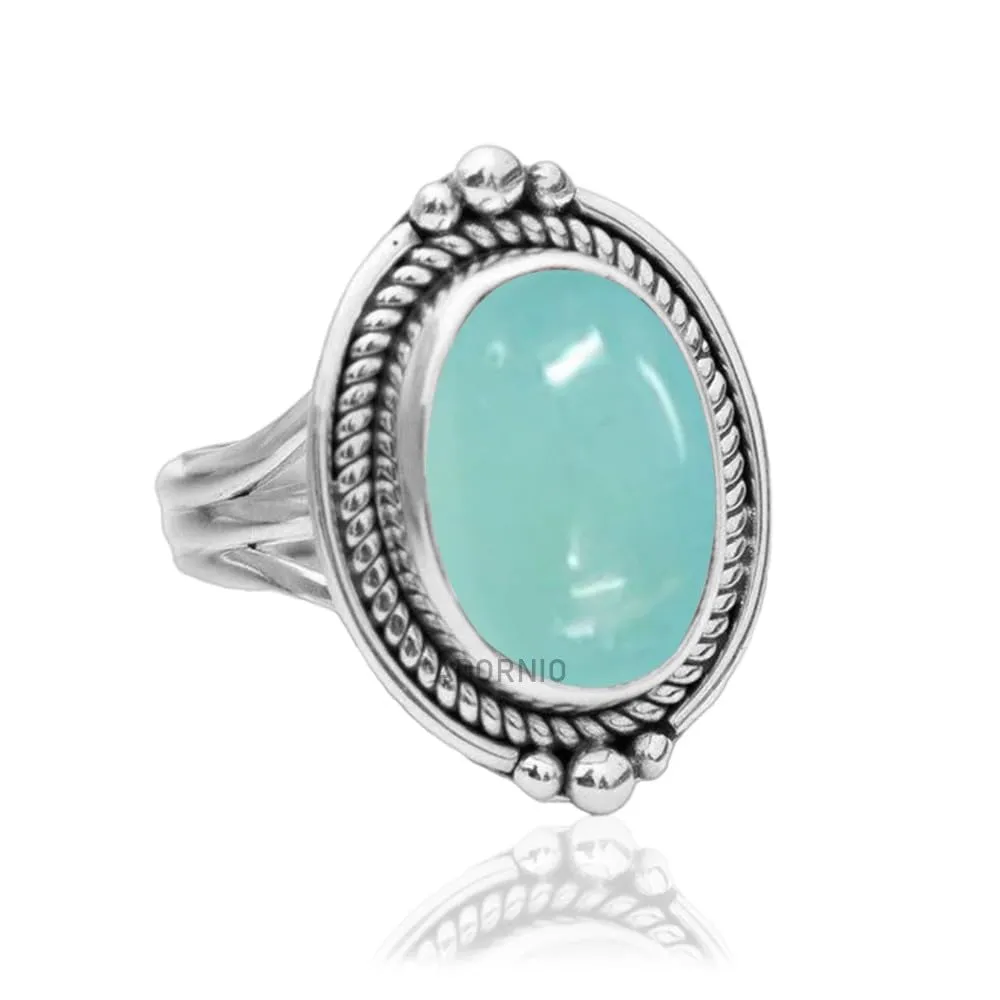 Sterling Silver 925 Ring For Womens Natural Aqua Chalcedony Ring Sterling Silver Handmade Ring Oval Gemstone Boho Ring