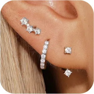 Sterling Silver Earrings Set for Women, Small S925 Hypoallergenic Earring Stacks, Dainty 5A Cubic Zirconia Huggie Stud Earrings for Sensitive EarsTrendy 2025