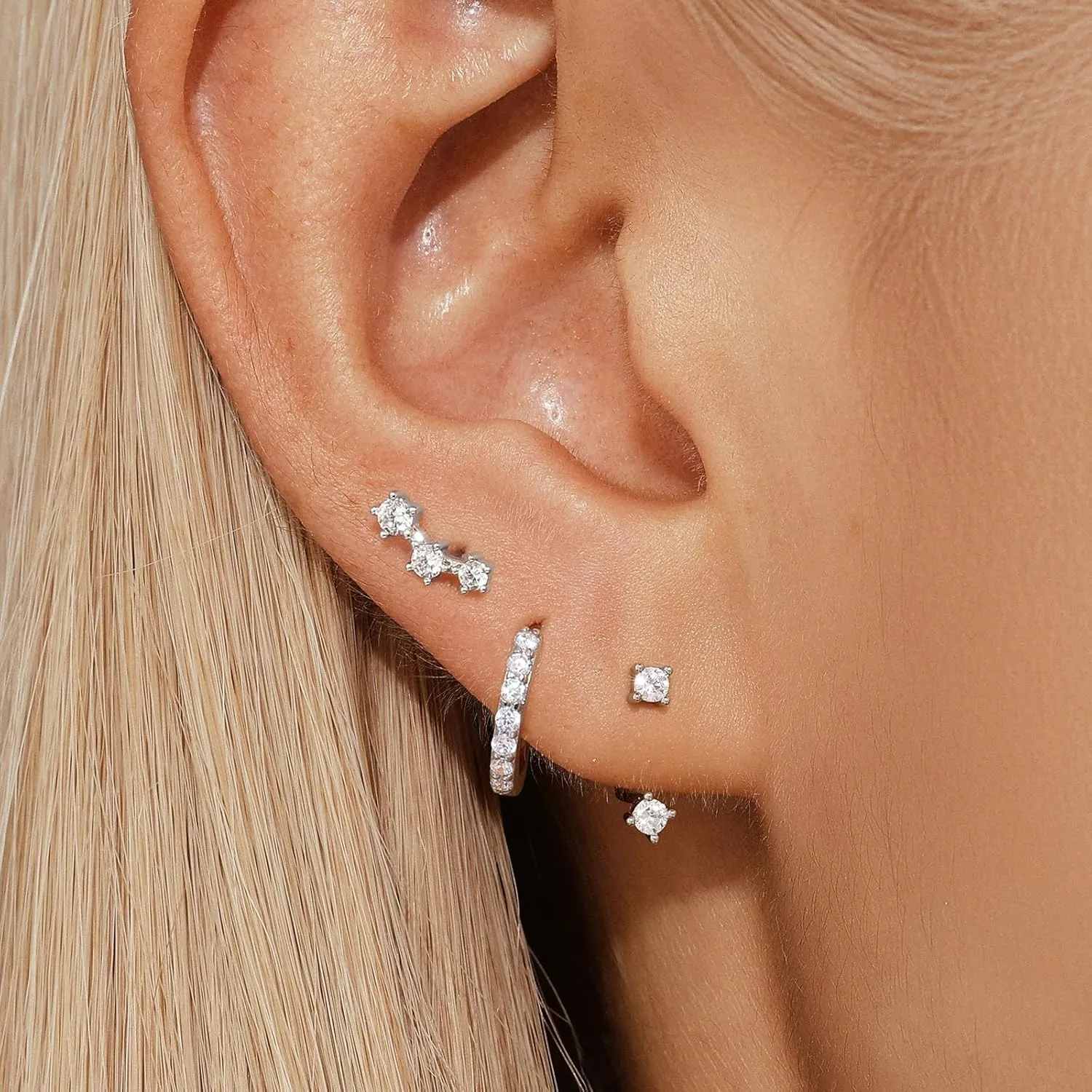 Sterling Silver Earrings Set for Women, Small S925 Hypoallergenic Earring Stacks, Dainty 5A Cubic Zirconia Huggie Stud Earrings for Sensitive EarsTrendy 2025