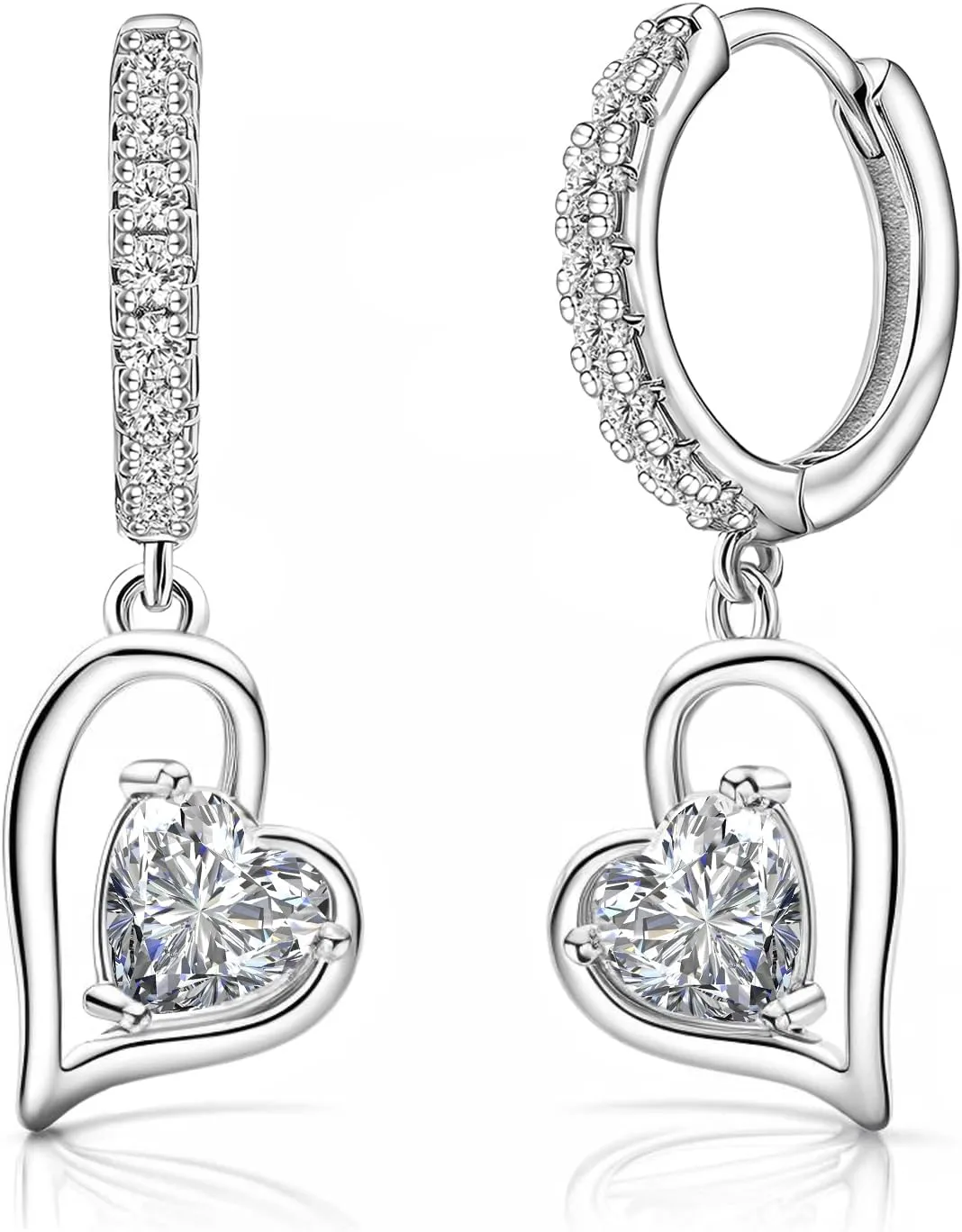 Sterling Silver Heart Dangle Hoop Earrings for Women White Gold Cubic Zirconia Heart Dangle Drop Earrings Hypoallergenic Birthstone Jewelry Dangling Earrings for Daughter Wife Birthday Christmas