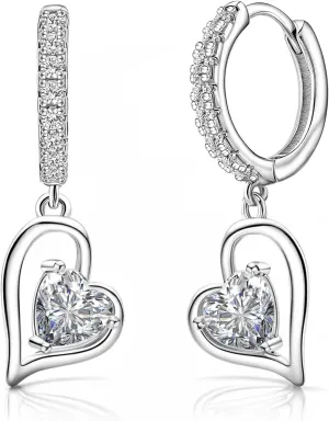 Sterling Silver Heart Dangle Hoop Earrings for Women White Gold Cubic Zirconia Heart Dangle Drop Earrings Hypoallergenic Birthstone Jewelry Dangling Earrings for Daughter Wife Birthday Christmas
