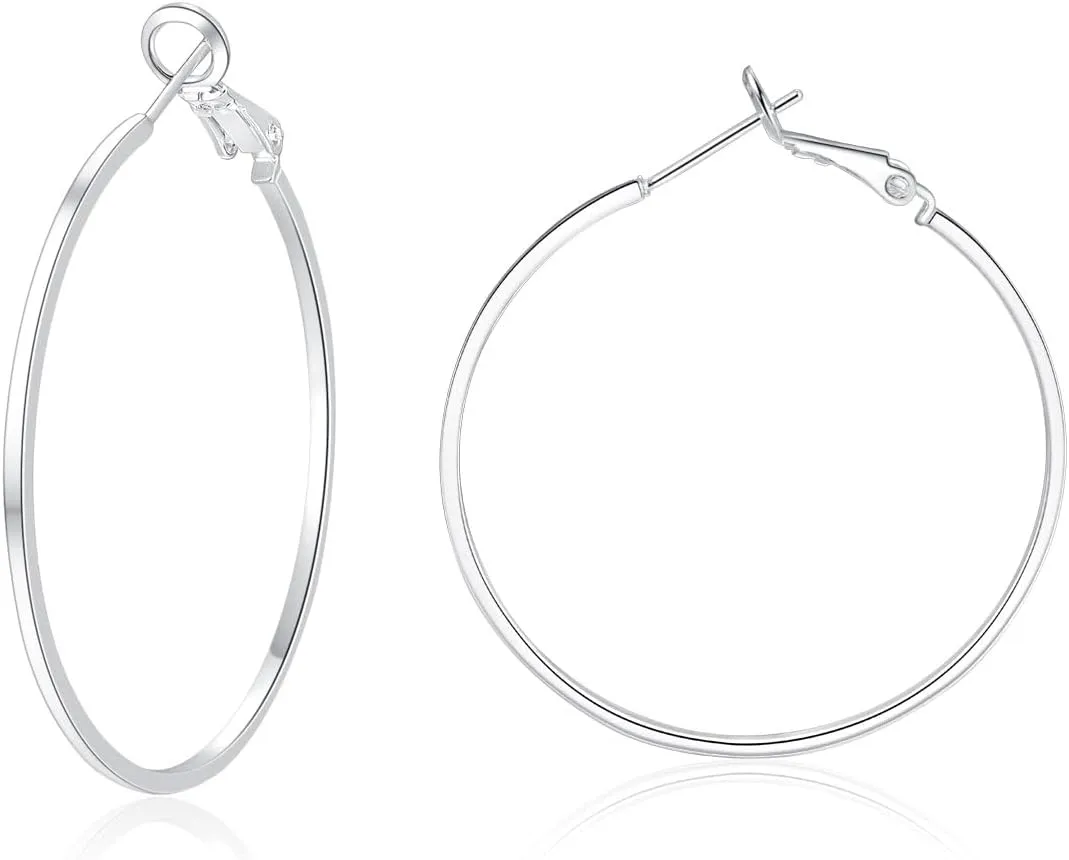 Sterling Silver Post Hoop Earrings - 14k White Gold Plated Larg Big Hoop Earrings Set Hypoallergenic Lightweight Thin Silver Hoop Earrings for Women 30mm