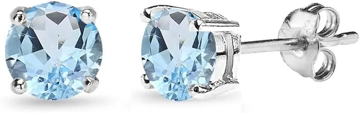 Sterling Silver Round-Cut Solitaire Blue Topaz Stud Earrings for Women