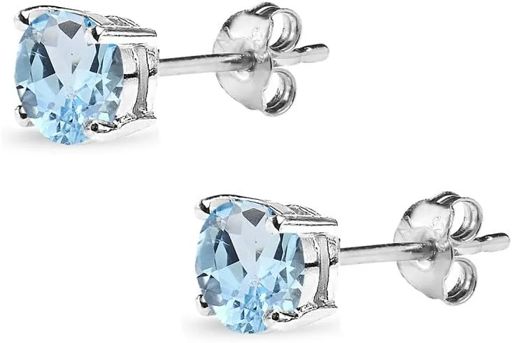 Sterling Silver Round-Cut Solitaire Blue Topaz Stud Earrings for Women