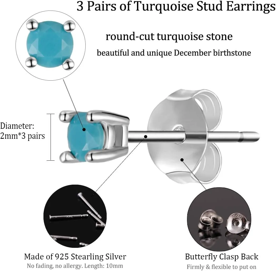 Sterling Silver Stud Earrings for Men Women- Hypoallergenic Tiny Turquoise Stud Earring Set 2mm 3mm 4mm White Gold Plated Round Prong-Set Birthstone Small Earrings
