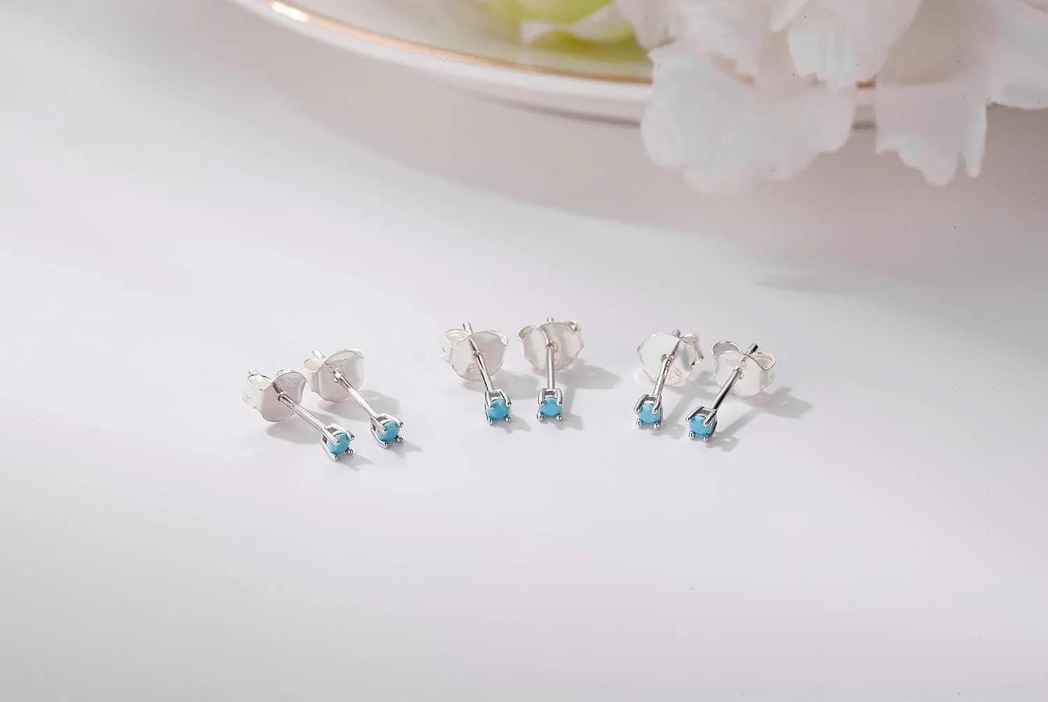 Sterling Silver Stud Earrings for Men Women- Hypoallergenic Tiny Turquoise Stud Earring Set 2mm 3mm 4mm White Gold Plated Round Prong-Set Birthstone Small Earrings