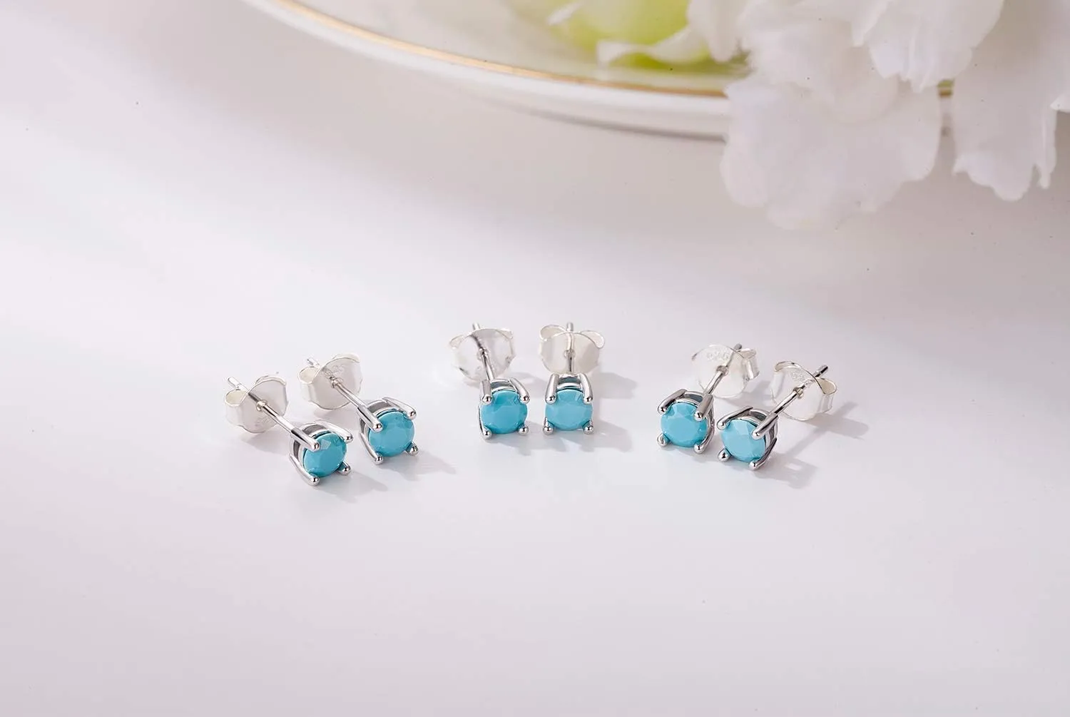 Sterling Silver Stud Earrings for Men Women- Hypoallergenic Tiny Turquoise Stud Earring Set 2mm 3mm 4mm White Gold Plated Round Prong-Set Birthstone Small Earrings