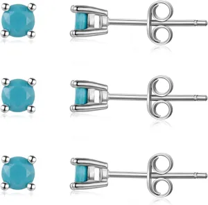 Sterling Silver Stud Earrings for Men Women- Hypoallergenic Tiny Turquoise Stud Earring Set 2mm 3mm 4mm White Gold Plated Round Prong-Set Birthstone Small Earrings