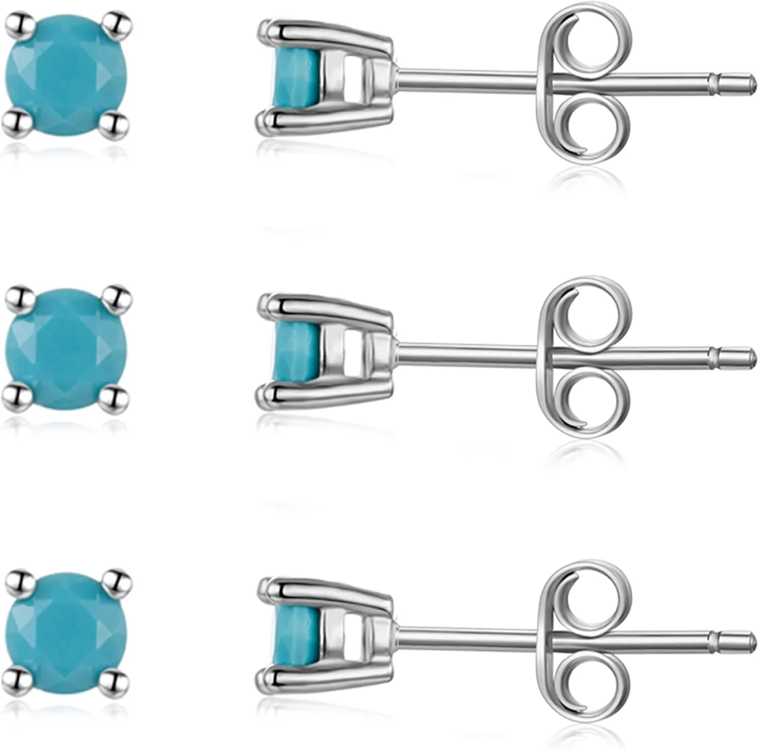 Sterling Silver Stud Earrings for Men Women- Hypoallergenic Tiny Turquoise Stud Earring Set 2mm 3mm 4mm White Gold Plated Round Prong-Set Birthstone Small Earrings