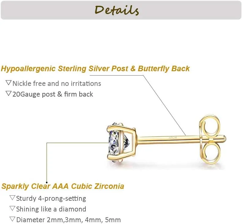 Sterling Silver Stud Earrings for Women Girls Men, Hypoallergenic Cubic Zirconia CZ Studs Small Round Simulated Diamond Earrings Cartilage Tragus Helix Earrings Set(2mm 3mm 4mm 5mm)