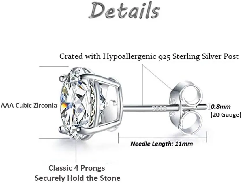 Sterling Silver Stud Earrings for Women Girls Men, Hypoallergenic Cubic Zirconia CZ Studs Small Round Simulated Diamond Earrings Cartilage Tragus Helix Earrings Set(2mm 3mm 4mm 5mm)