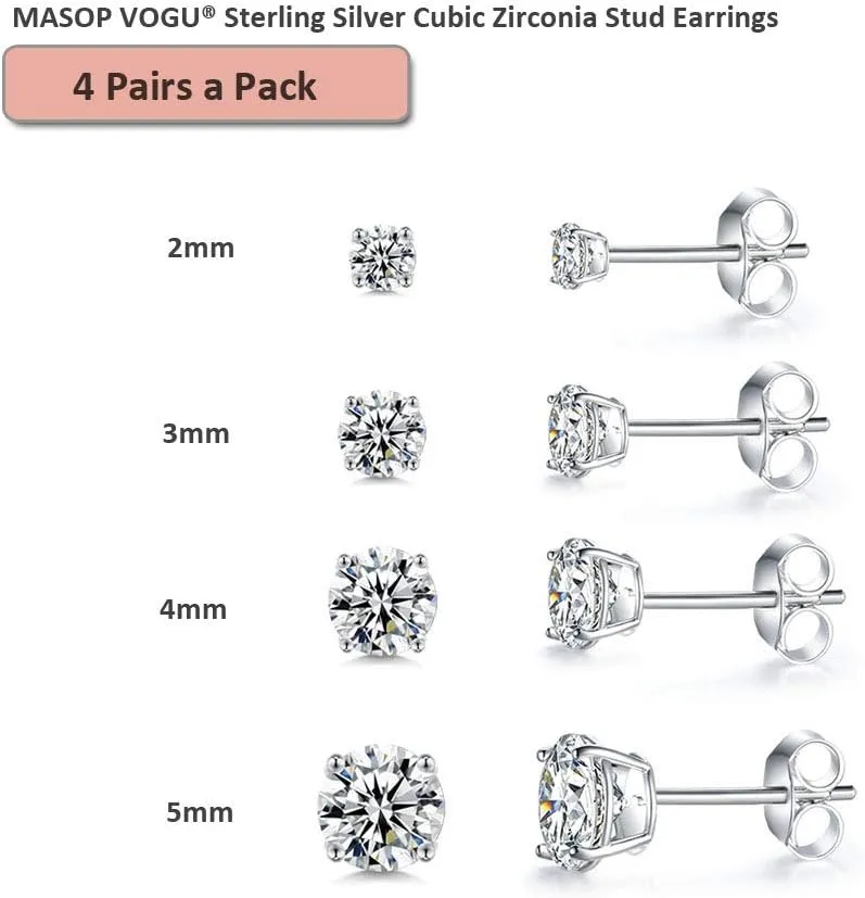 Sterling Silver Stud Earrings for Women Girls Men, Hypoallergenic Cubic Zirconia CZ Studs Small Round Simulated Diamond Earrings Cartilage Tragus Helix Earrings Set(2mm 3mm 4mm 5mm)