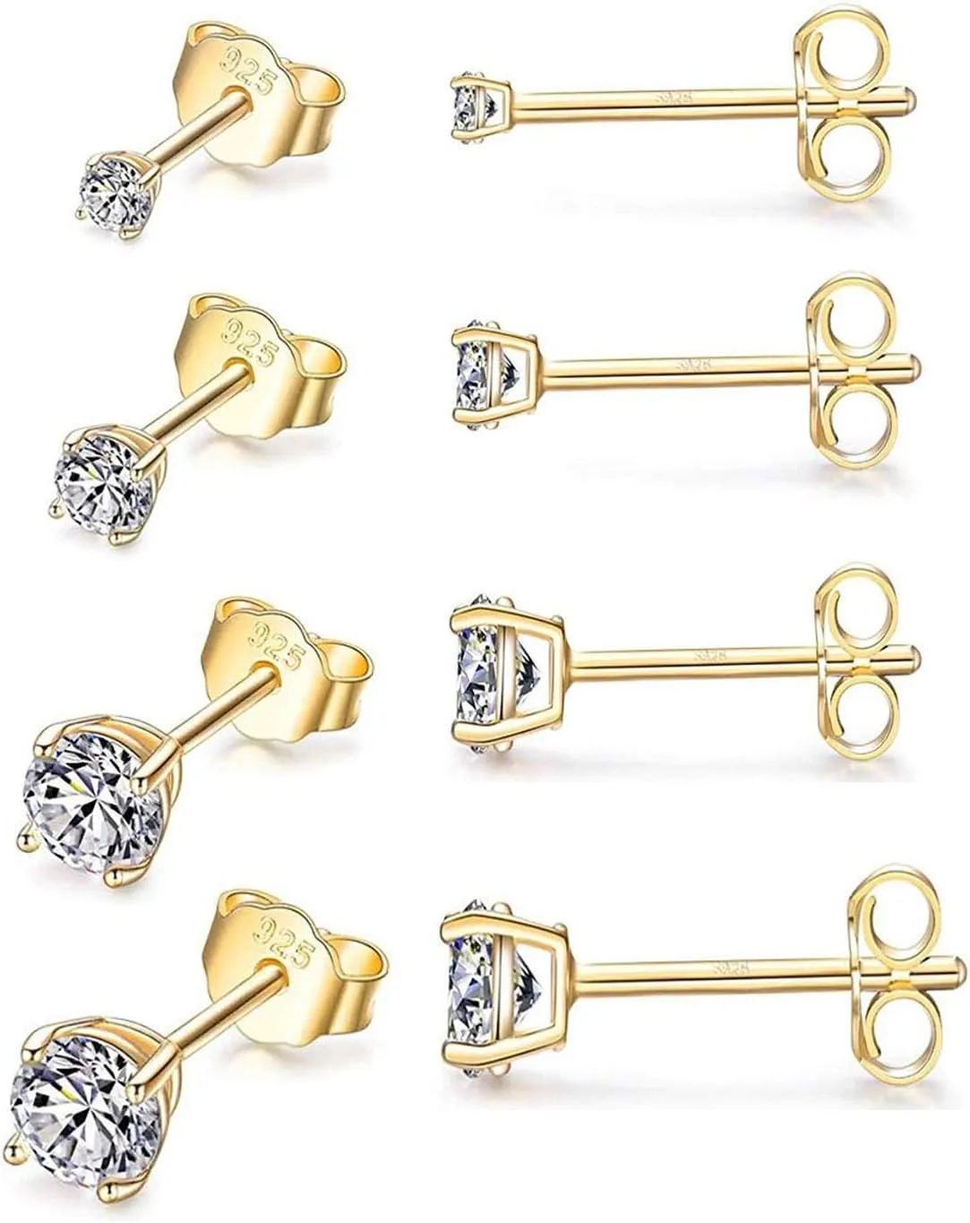 Sterling Silver Stud Earrings for Women Girls Men, Hypoallergenic Cubic Zirconia CZ Studs Small Round Simulated Diamond Earrings Cartilage Tragus Helix Earrings Set(2mm 3mm 4mm 5mm)