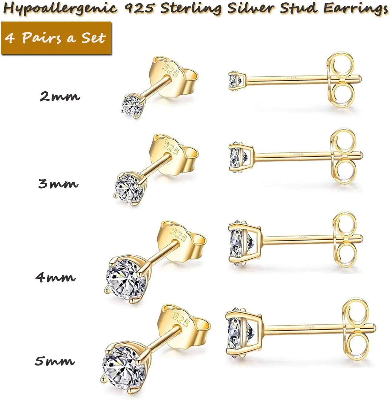 Sterling Silver Stud Earrings for Women Girls Men, Hypoallergenic Cubic Zirconia CZ Studs Small Round Simulated Diamond Earrings Cartilage Tragus Helix Earrings Set(2mm 3mm 4mm 5mm)
