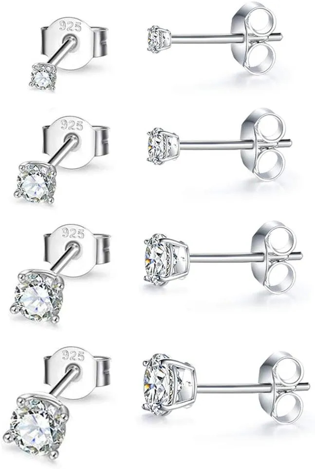 Sterling Silver Stud Earrings for Women Girls Men, Hypoallergenic Cubic Zirconia CZ Studs Small Round Simulated Diamond Earrings Cartilage Tragus Helix Earrings Set(2mm 3mm 4mm 5mm)