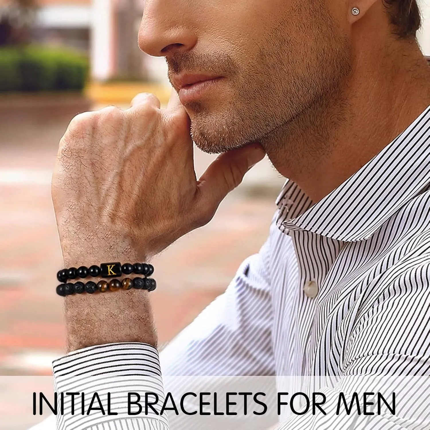 STORUP Bracelet Gifts for Men Boys - Bracelets for Men Teen Boys, 8mm Tiger Eye Lava Rock Stone Beaded Bracelets for Men Initial Link Handmade Obsidian Mens Bracelet Personalized Gifts