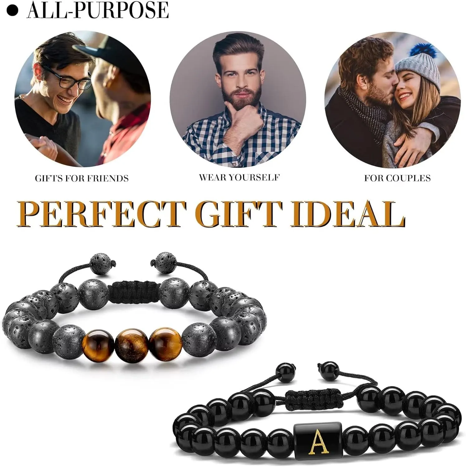 STORUP Bracelet Gifts for Men Boys - Bracelets for Men Teen Boys, 8mm Tiger Eye Lava Rock Stone Beaded Bracelets for Men Initial Link Handmade Obsidian Mens Bracelet Personalized Gifts