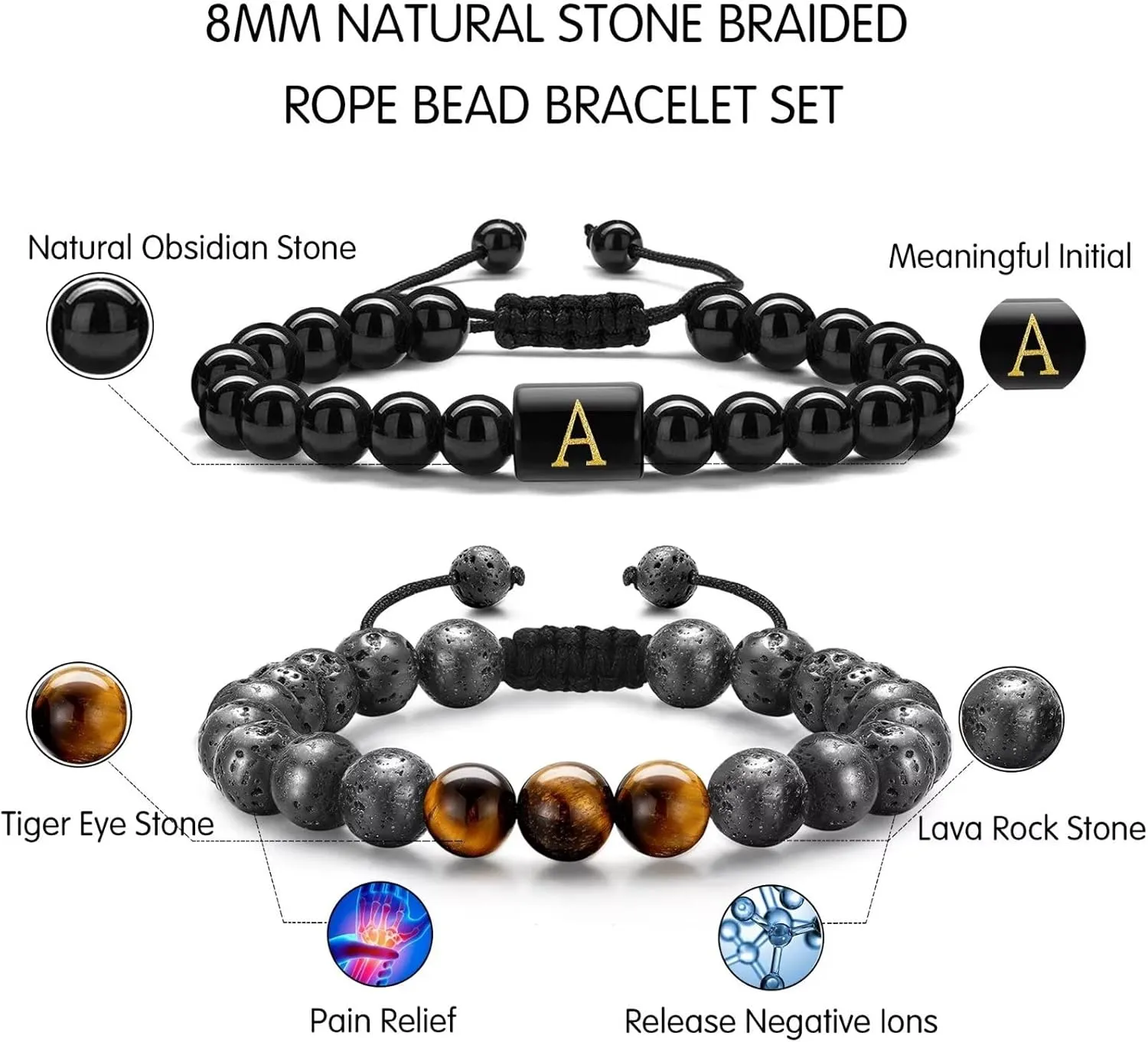 STORUP Bracelet Gifts for Men Boys - Bracelets for Men Teen Boys, 8mm Tiger Eye Lava Rock Stone Beaded Bracelets for Men Initial Link Handmade Obsidian Mens Bracelet Personalized Gifts