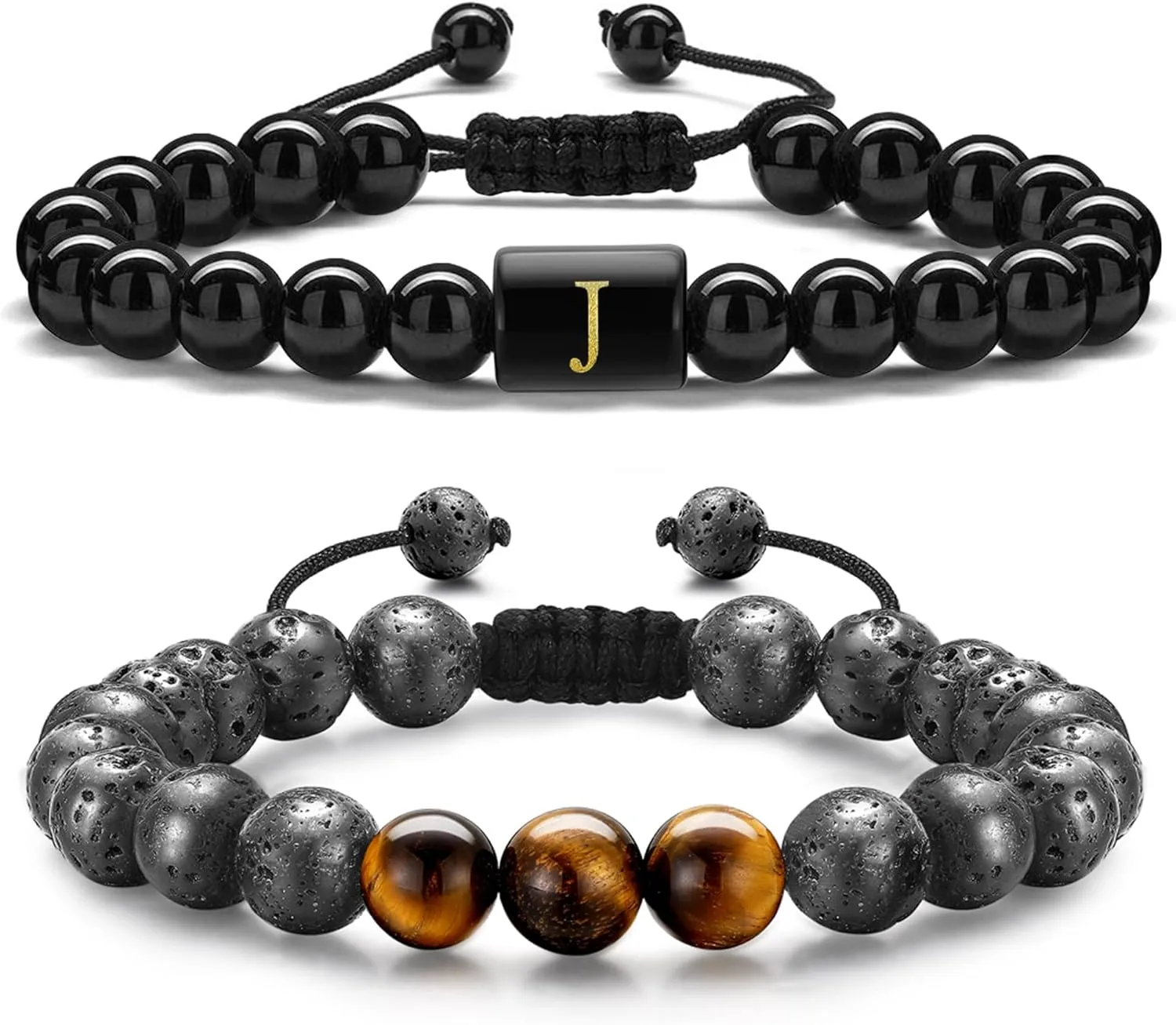 STORUP Bracelet Gifts for Men Boys - Bracelets for Men Teen Boys, 8mm Tiger Eye Lava Rock Stone Beaded Bracelets for Men Initial Link Handmade Obsidian Mens Bracelet Personalized Gifts