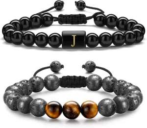 STORUP Bracelet Gifts for Men Boys - Bracelets for Men Teen Boys, 8mm Tiger Eye Lava Rock Stone Beaded Bracelets for Men Initial Link Handmade Obsidian Mens Bracelet Personalized Gifts