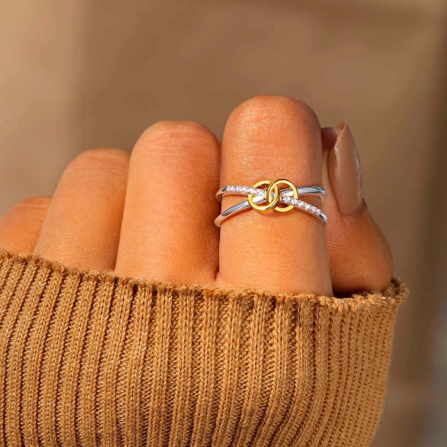 STORYJEWELLERY Rings for Women, Silver Double Interlocking Circle Rings for Women, Promise Matching Couple Ring for Wife, Birthday Christmas Valentines Jewelry Gifts Rings for Girls