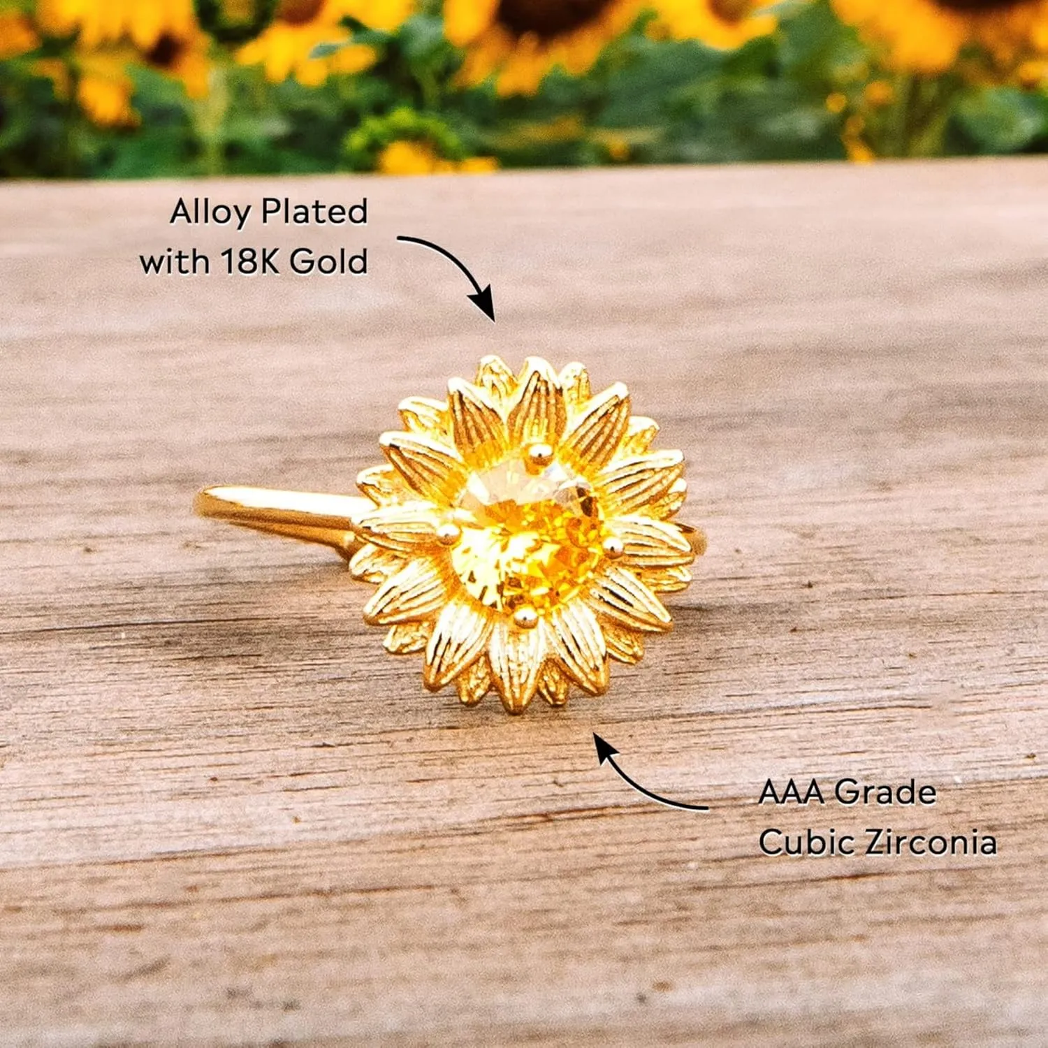 STORYJEWELLERY Story Jewellery Sunflower Ring for Women, Gold Plated Sunflower Ring for Girl, You Are My Sunshine Ring for Women, Birthday Christmas Valentines Gifts Rings for Girls
