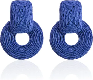 Summer Rainbow Statement Raffia Round Earrings Boho Drop Handmade Straw Earrings Geometric Dangle Earrings for Women With Gift Box