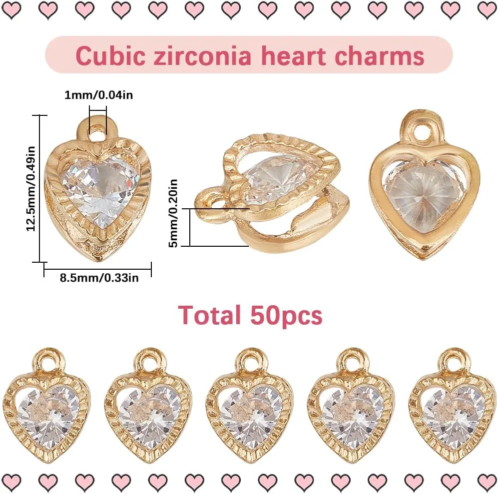 SUNNYCLUE 1 Box 50Pcs Hearts Charms Cubic Zirconia Heart Charm Metal Alloy Small Gold Rhinestone Charm for Jewelry Making Charms DIY Keychain Bracelet Earrings Lanyard Necklace Valentines Wedding
